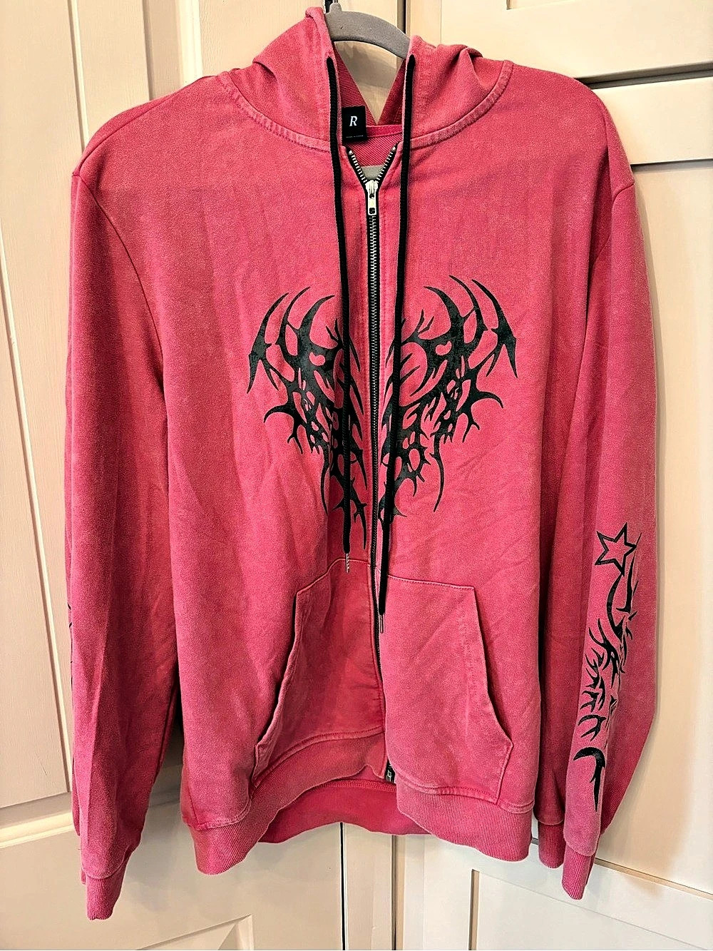 Y2K Casual Graphic Pink Women’a Gothic Style Acid-Washed Zip Front Hoodie